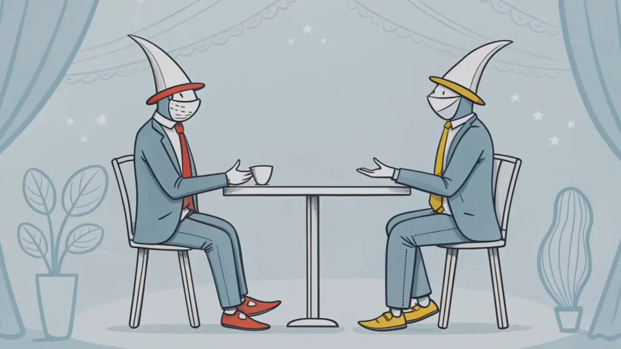 zwei gezeichnete Figuren in Anzügen und spitzen Hüten sitzen einander gegenüber an einem Tisch, klare, scharfe Illustration