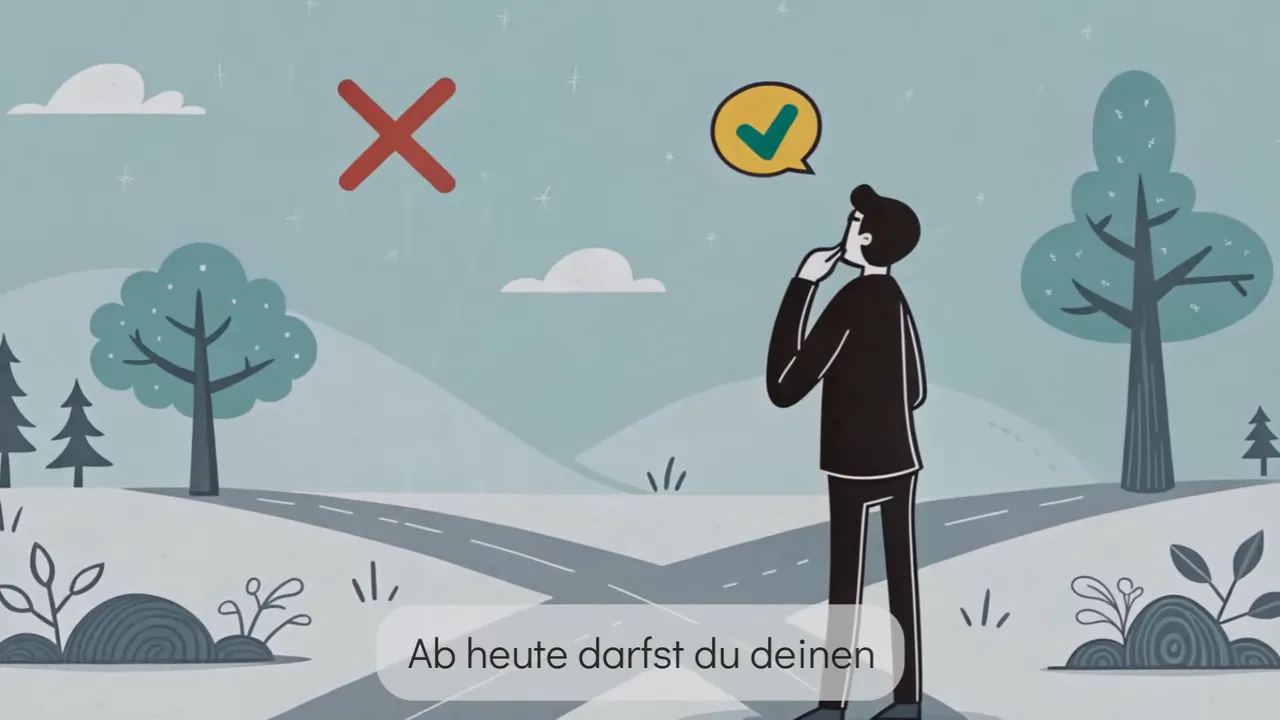 Illustration einer Person an einer Wegkreuzung mit Kreuz und Häkchen als Entscheidungssymbole