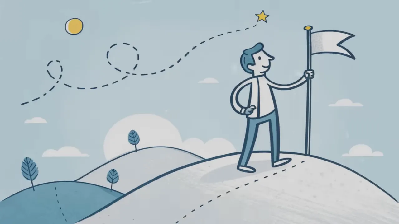 Illustration einer Person auf einem Hügel neben einer Flagge, Stern und Weglinien im Himmel