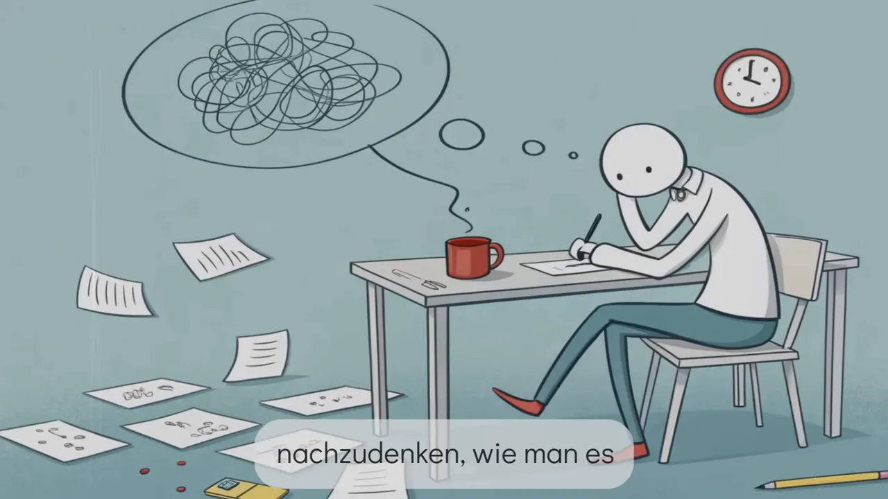Person sitzt am Schreibtisch mit wirrer Gedankenblase und verstreuten Notizen, Symbol für Überanalyse