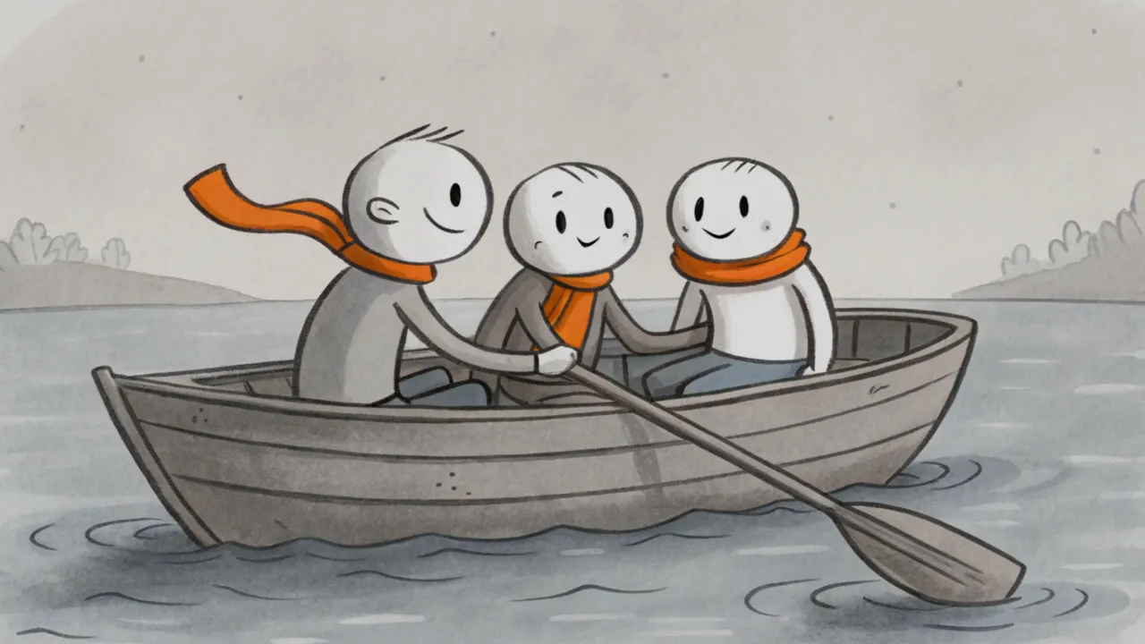 Illustration von drei Personen in einem Ruderboot, eine rudert, alle mit orangen Schals