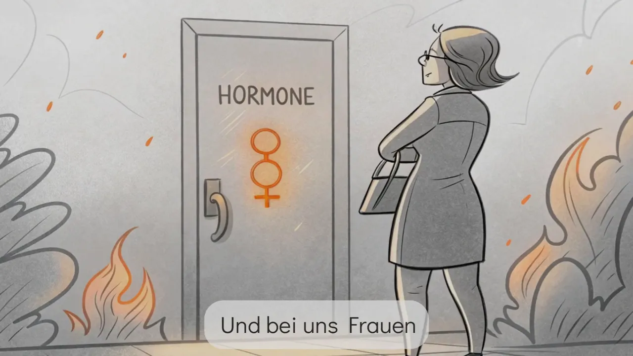 Zeichnung einer Frau, die vor einer Tür mit der Aufschrift 'HORMONE' und einem orangenen Frauensymbol steht; im Hintergrund Flammen als Symbol für Stress.