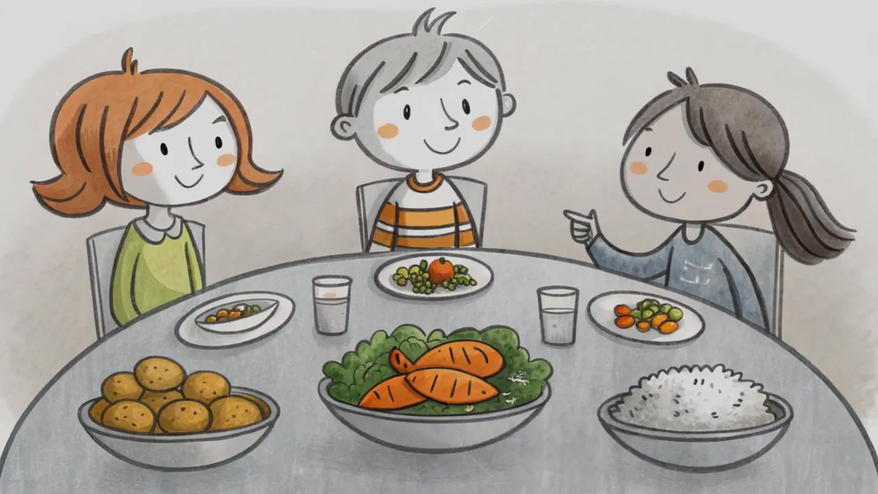 Illustration eines Esstisches mit zentralem Fisch/Protein, Gemüse und separaten Schüsseln mit Kartoffeln und Reis, drei Personen am Tisch.