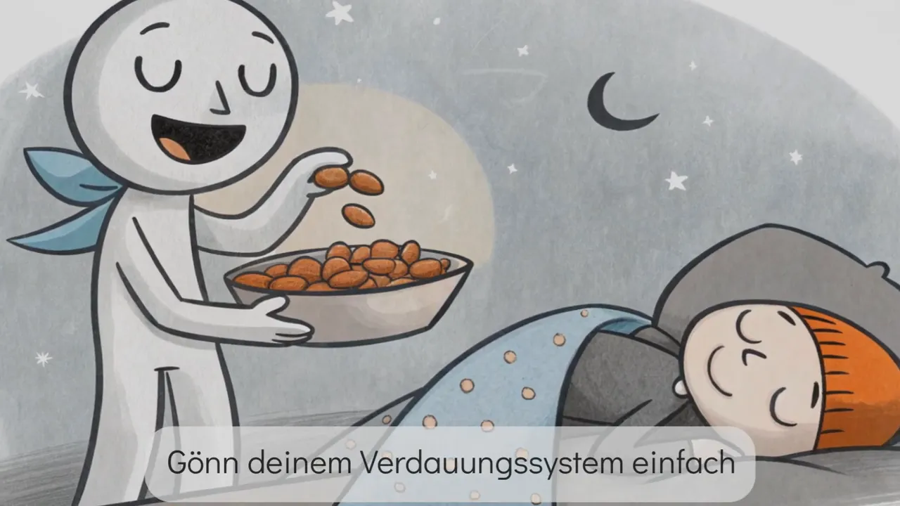 Illustration einer schlafenden Person und einer Figur, die nachts eine Schale anbietet