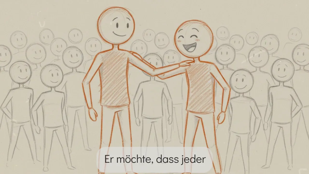 Skizzenstil: Zwei hervorgehobene Figuren vorne, eine legt die Hand auf die Schulter der anderen; im Hintergrund viele freundliche Personen.