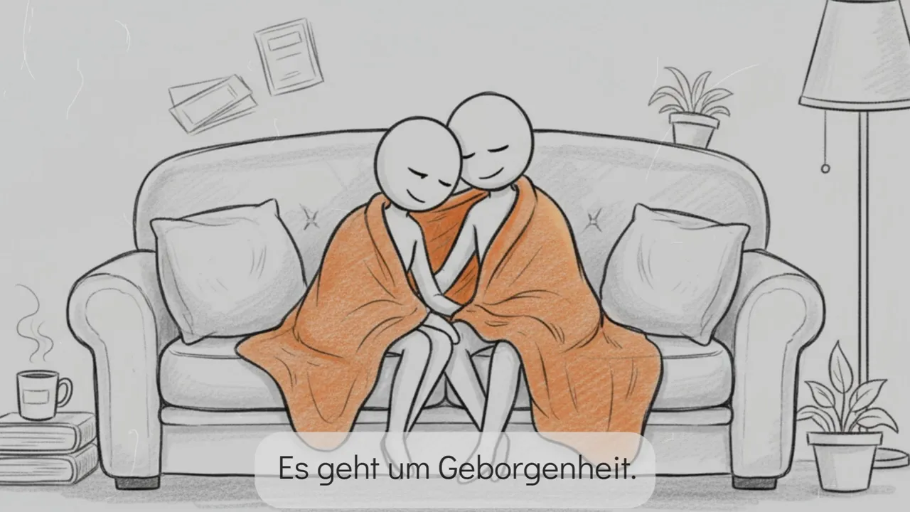 Zwei Figuren sitzen eng unter einer Decke auf dem Sofa und zeigen Geborgenheit