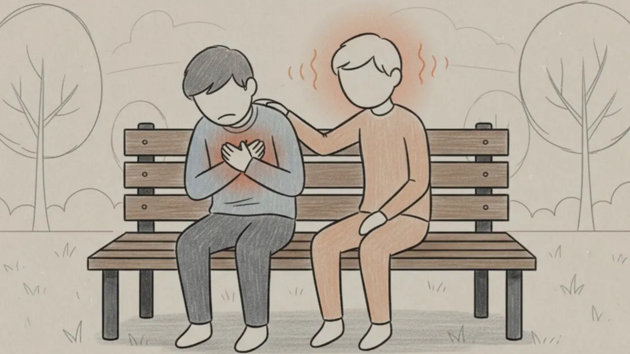 Illustration: eine Person legt tröstend die Hand auf die Schulter einer anderen auf einer Bank