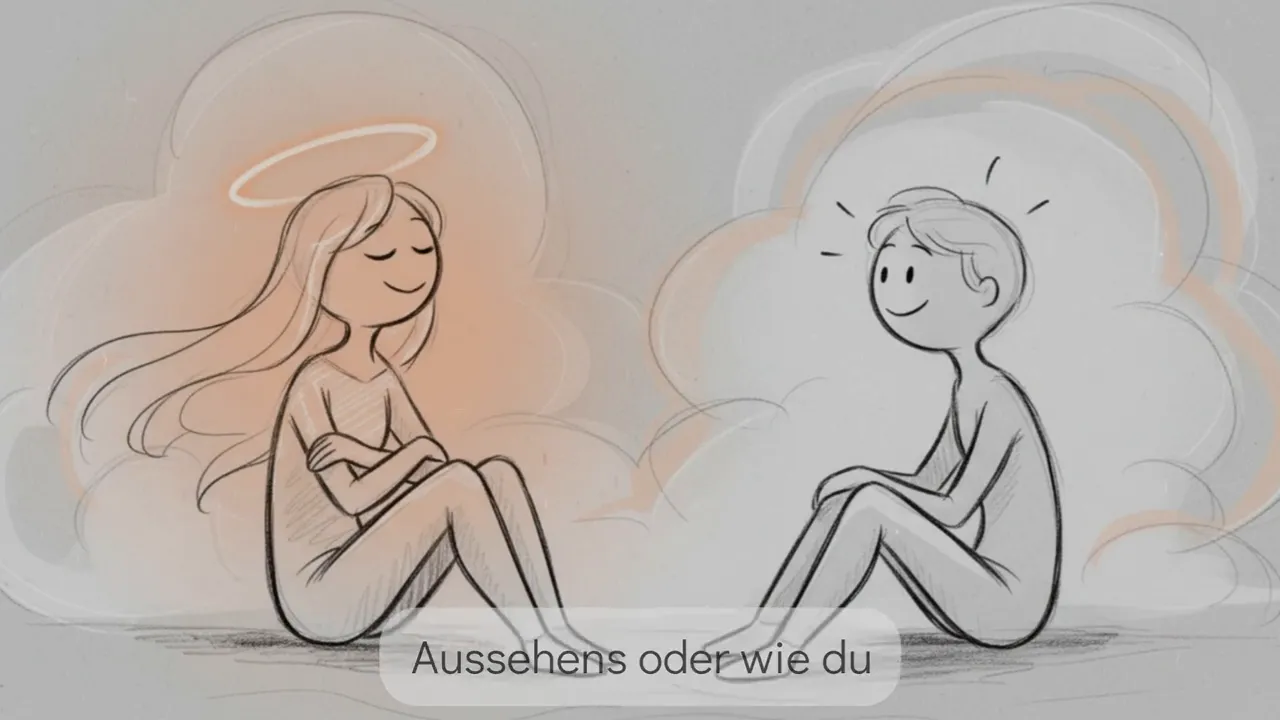 Zeichnung: selbstsichere Frau mit Heiligenschein sitzt gegenüber einem lächelnden Mann