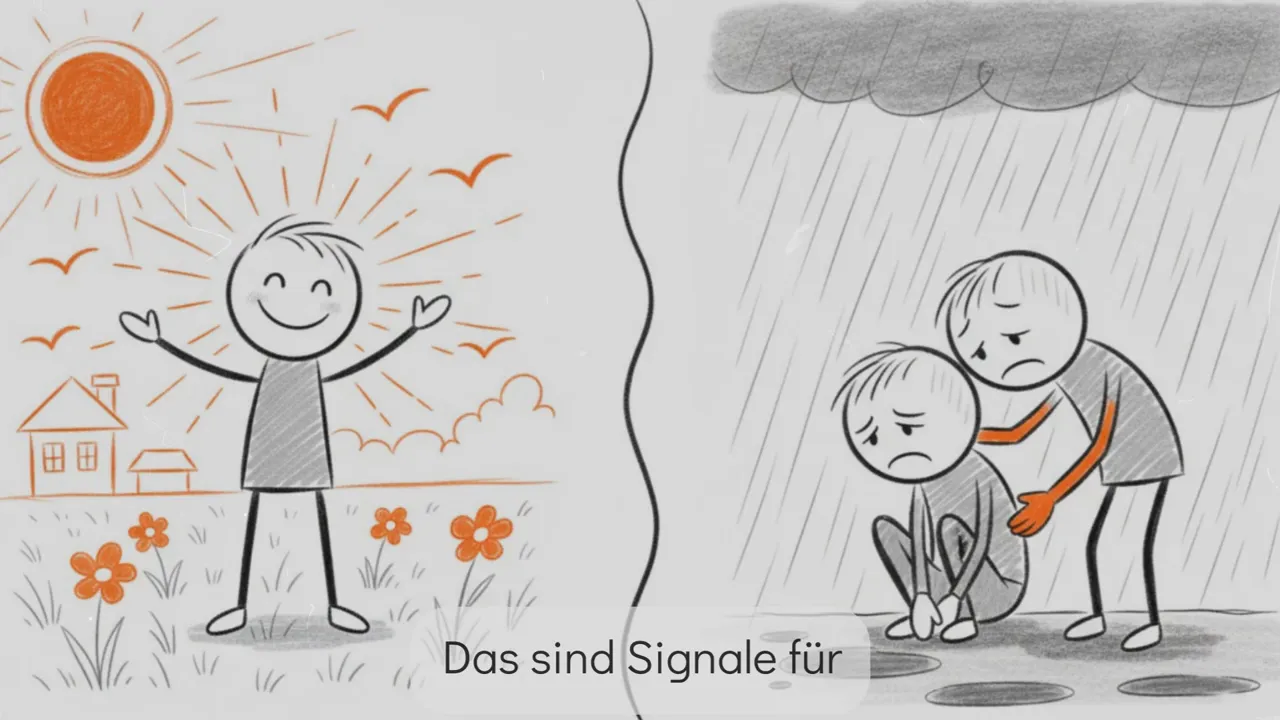 Illustration geteilt: links Sonne und Blumen, rechts Regen; eine Person tröstet eine andere im Regen.
