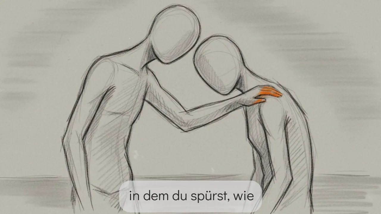 Skizzenhafte Figuren, einer legt tröstend die Hand auf die Schulter der anderen.