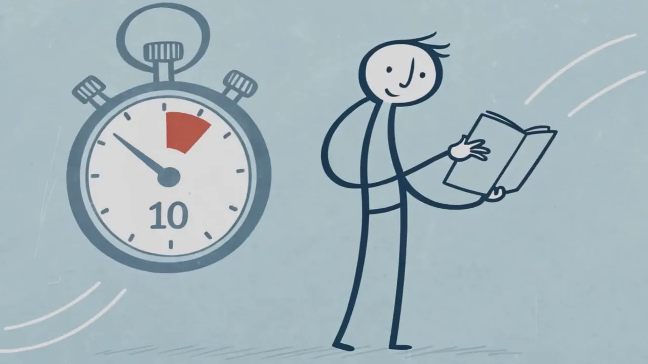 Stoppuhr mit der Zahl 10 links und ein Strichmännchen, das ein Buch liest, rechts; Illustration zur 10‑Minuten‑Übung.