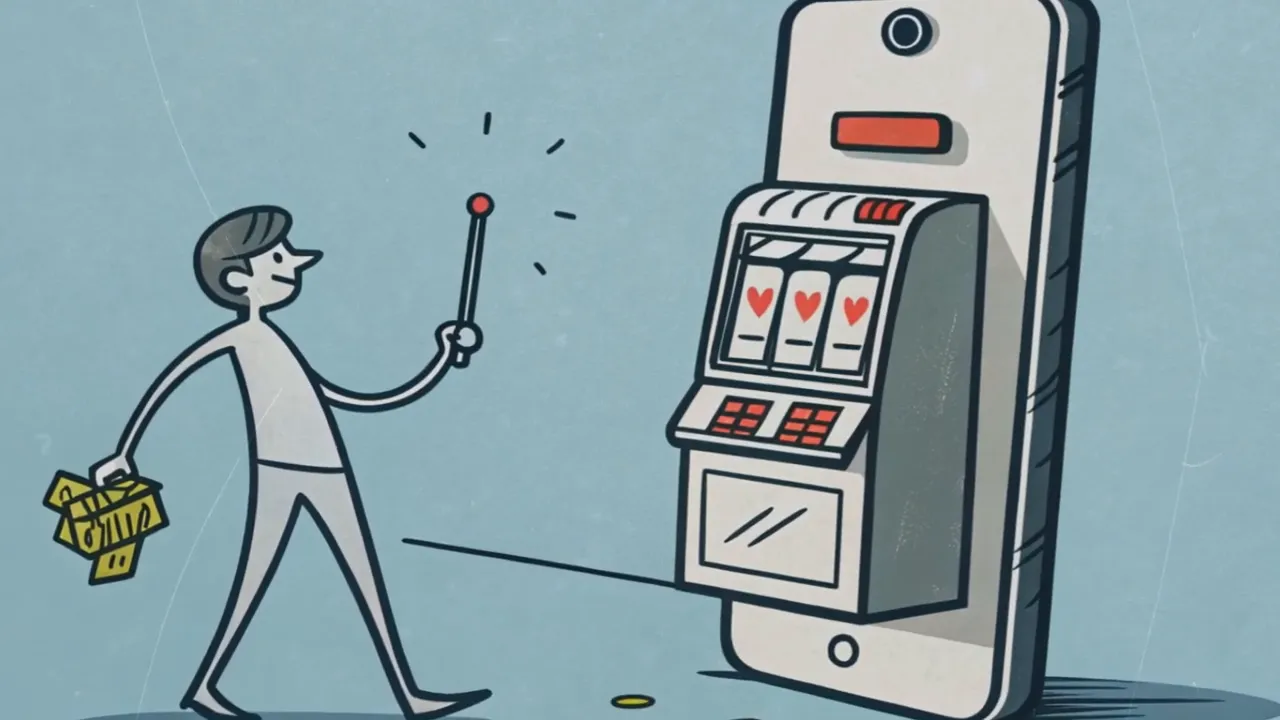 Illustration: Strichfigur mit Hebel und Münzen vor einem Smartphone, das wie ein Spielautomat aussieht; klare, nicht überlagerte Darstellung.