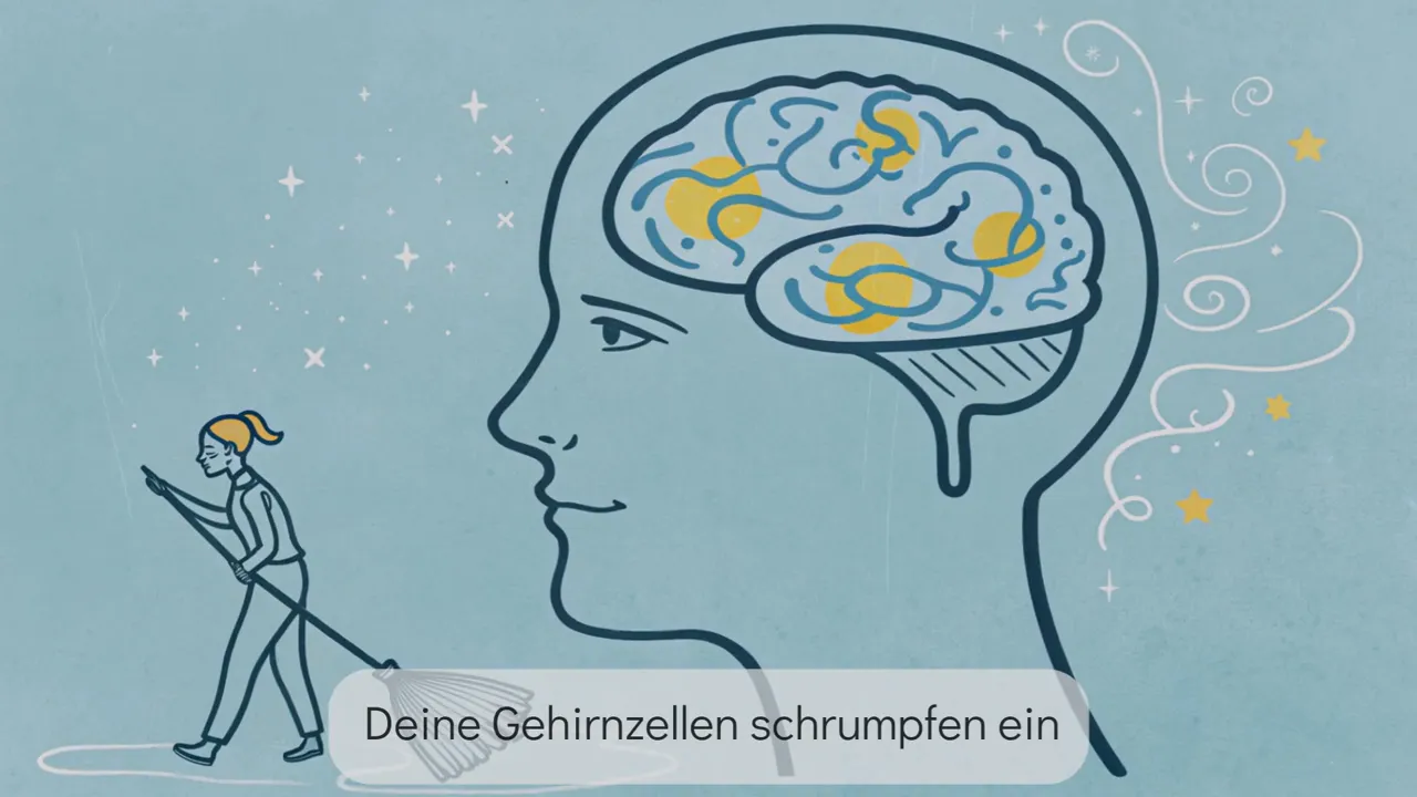 Grafik eines Profils mit sichtbar gezeichnetem Gehirn und einer Person, die daneben mit einem Besen fegt