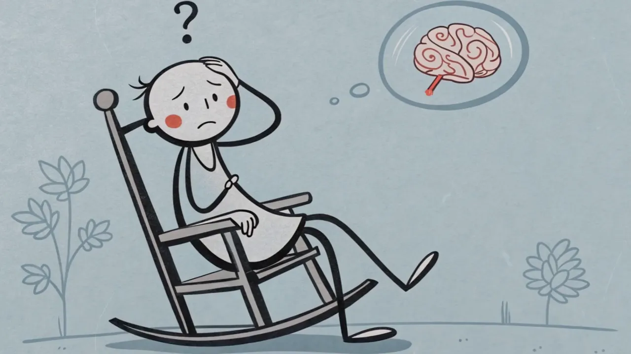 Illustration einer Person im Schaukelstuhl mit Denkblase, in der ein Gehirn gezeigt wird