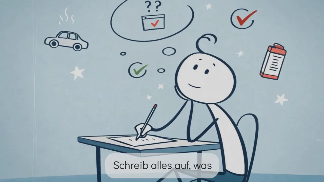 Strichmännchen schreibt am Tisch, eingeblendeter Text 'Schreib alles auf, was' am Bildrand