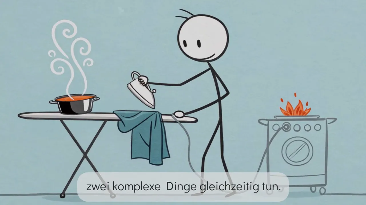 Strichmännchen bügelt während auf dem Herd ein Topf kocht, Untertitel: ‚zwei komplexe Dinge gleichzeitig tun.‘