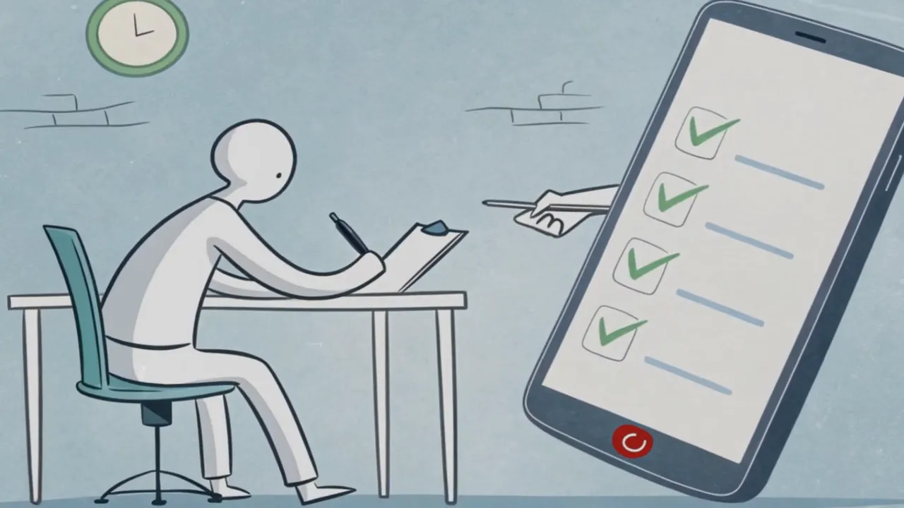 Strichmännchen schreibt am Tisch auf einem Klemmbrett, großes Smartphone mit Checkliste lehnt daneben