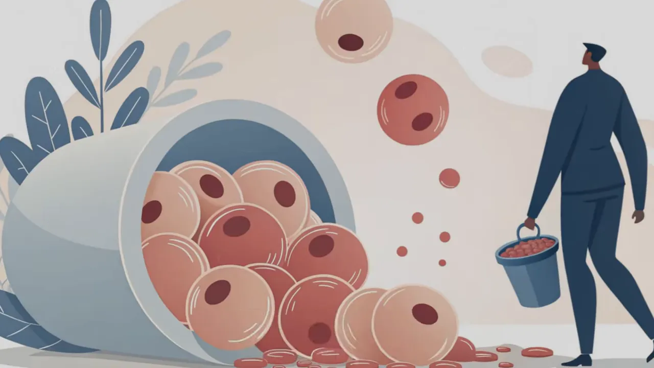 Klare Illustration von Fettzellen, die aus einem geöffneten Behälter herausfallen und in Richtung einer Person mit Eimer rollen