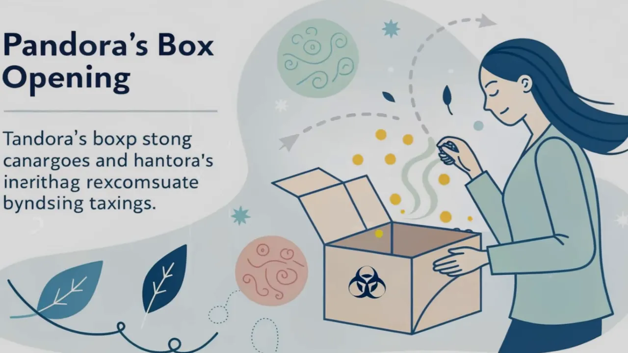 Grafik: Frau öffnet Box mit Biohazard-Symbol — Symbol für Toxinfreisetzung