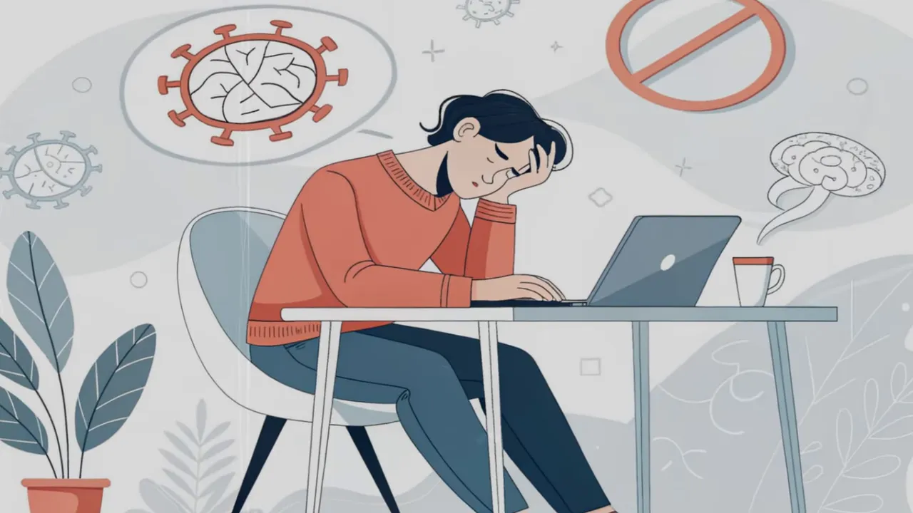 Illustration einer erschöpften Person am Schreibtisch mit Laptop, symbolische Gehirn- und Stress-Icons im Hintergrund, klar und ohne Untertitel