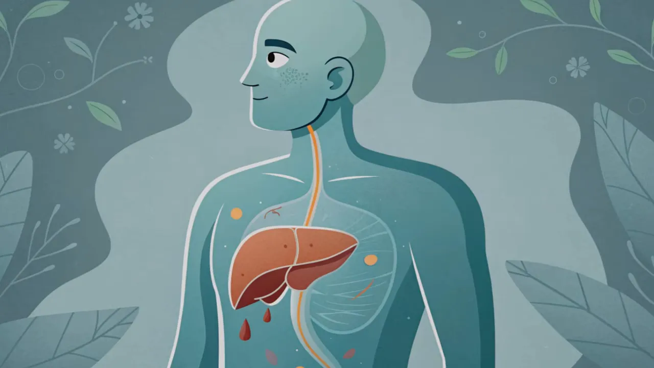Stilisierte Illustration eines Oberkörpers mit deutlicher Leber und Tropfen, die Reinigung symbolisieren