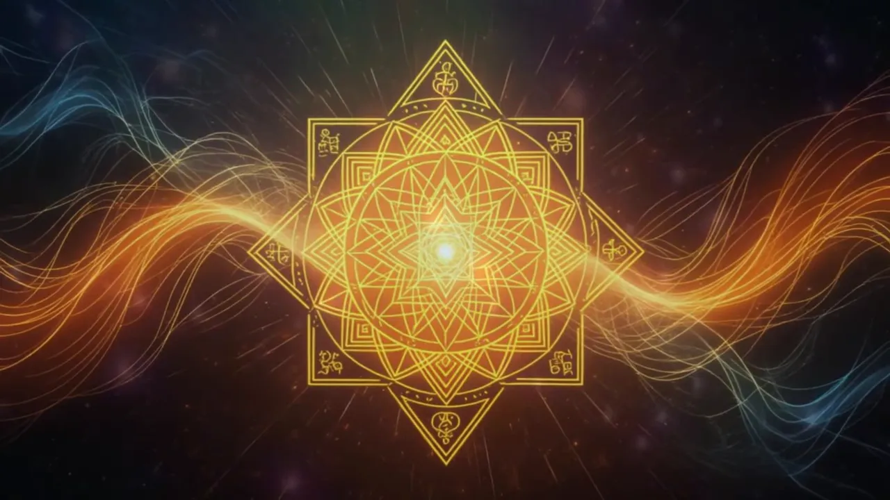 Leuchtende heilige Geometrie in Gold mit fließenden Lichtwellen