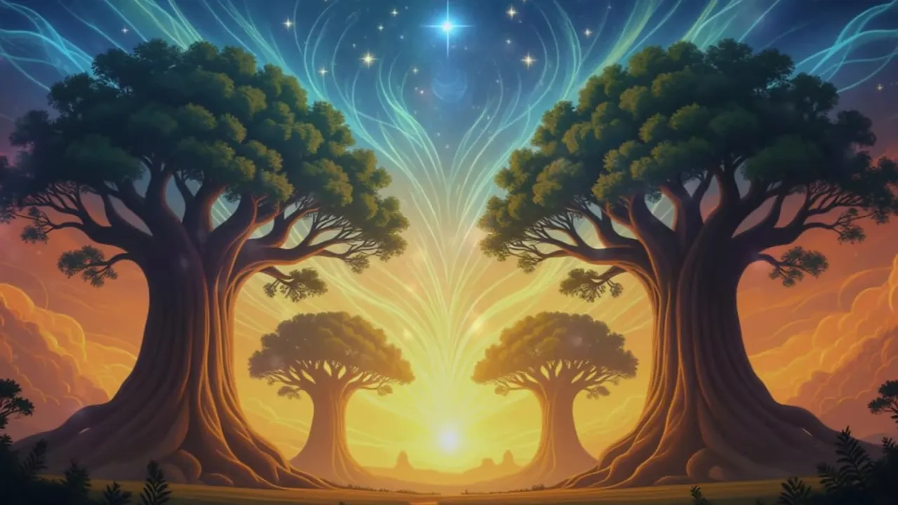 Illustrativer magischer Waldrand mit zwei großen Bäumen, zentraler Lichtöffnung und warmem Sonnenaufgang