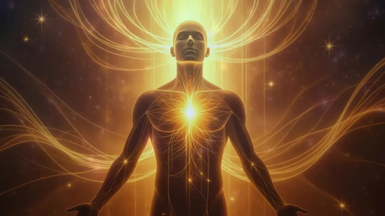Aufrechte Figur mit strahlendem Herzen und goldenen Lichtbändern, helle Lichtsäule im Hintergrund