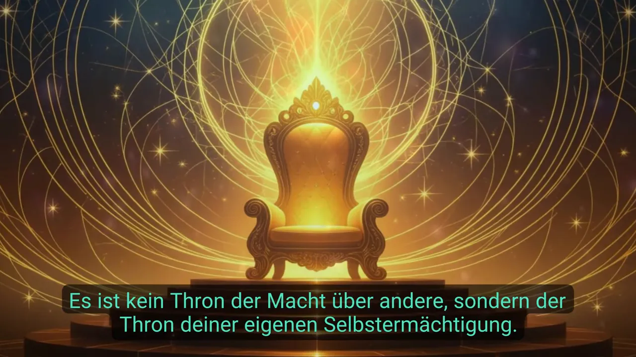 Zentral platzierter goldener Thron mit strahlender Lichtquelle und spiralförmigen Goldlinien im Hintergrund; klare, hochauflösende Aufnahme mit Untertitel unten