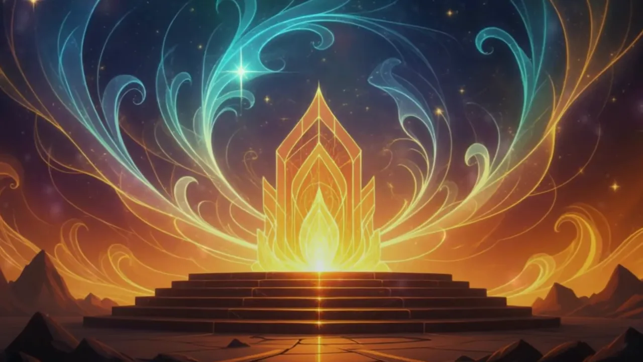 Leuchtender Altarstein mit Treppen und goldener Energie