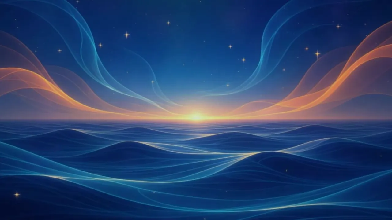 Weite Meeresfläche mit sanften, gold- und türkisfarbenen Lichtwellen und aufgehender Sonne, keine Untertitel