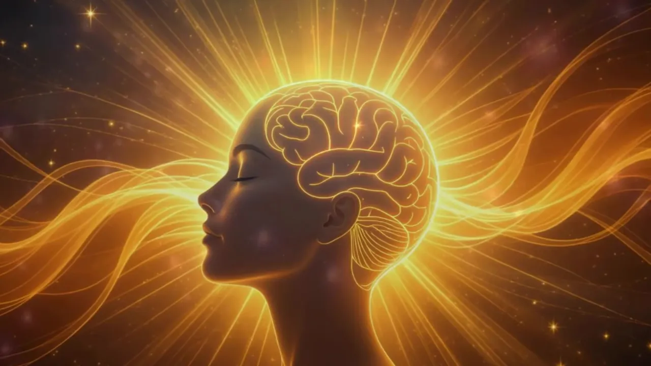 Seitenprofil einer Person mit leuchtendem, stilisiertem Gehirn und strahlenden goldenen Lichtwellen