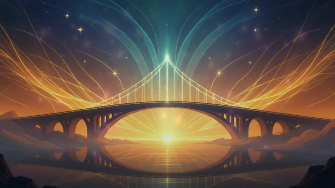 Majestätische Brücke aus Licht und Nebel vor strahlendem Horizont