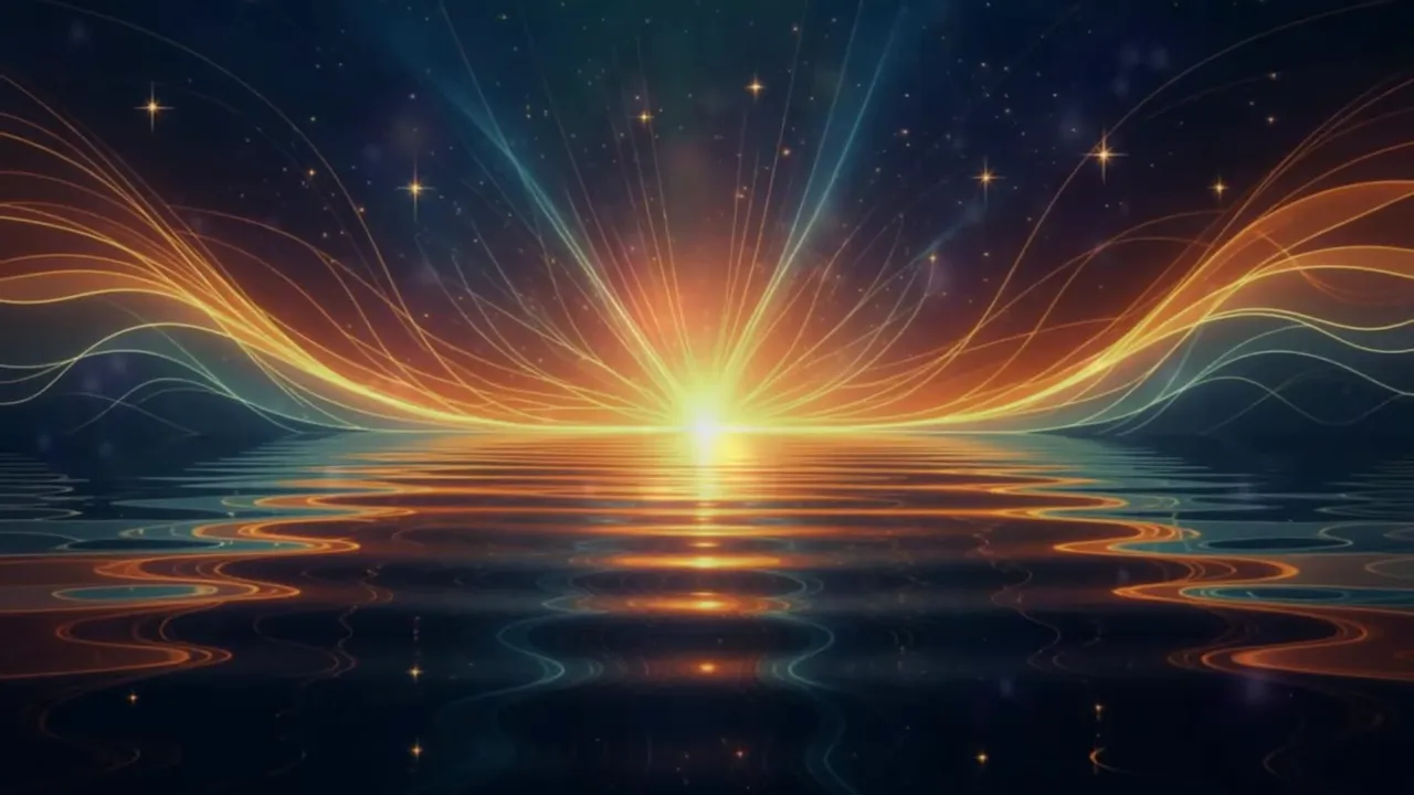 glänzende Wasseroberfläche mit Sonnenaufgangslicht und reflektierenden wellenförmigen Lichtbahnen