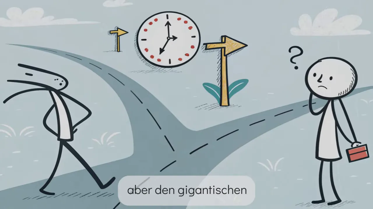 Illustration einer Weggabelung mit Uhr und einer fragenden Person am rechten Rand