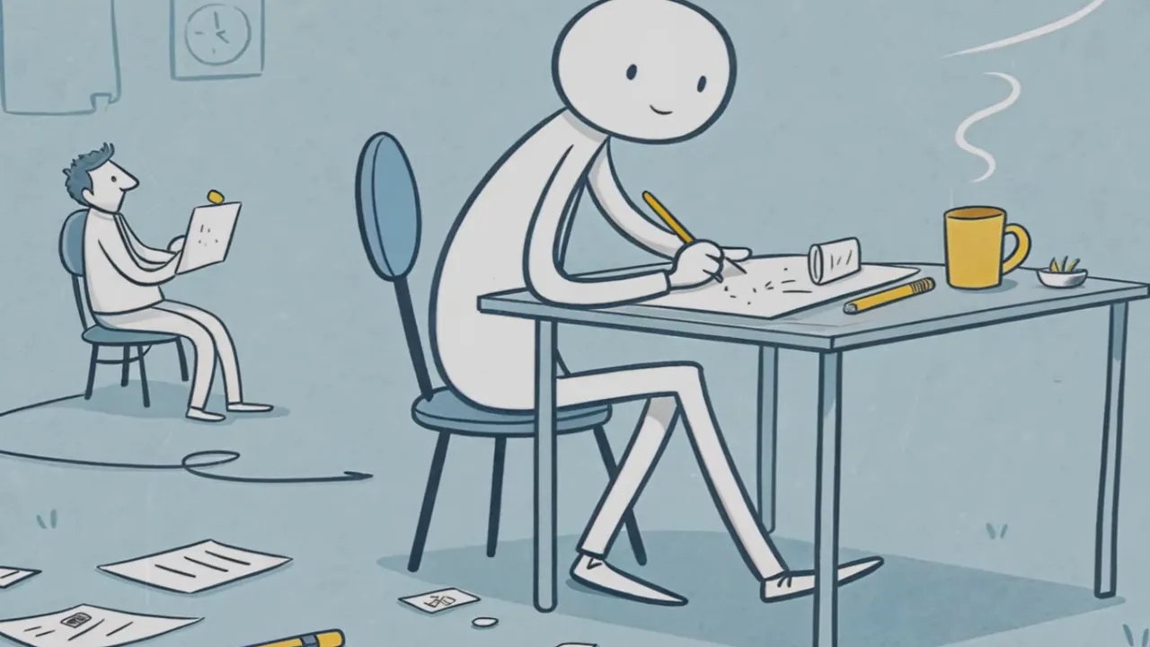Klare Illustration: Figur schreibt am Schreibtisch, Tasse auf dem Tisch, saubere helle Darstellung