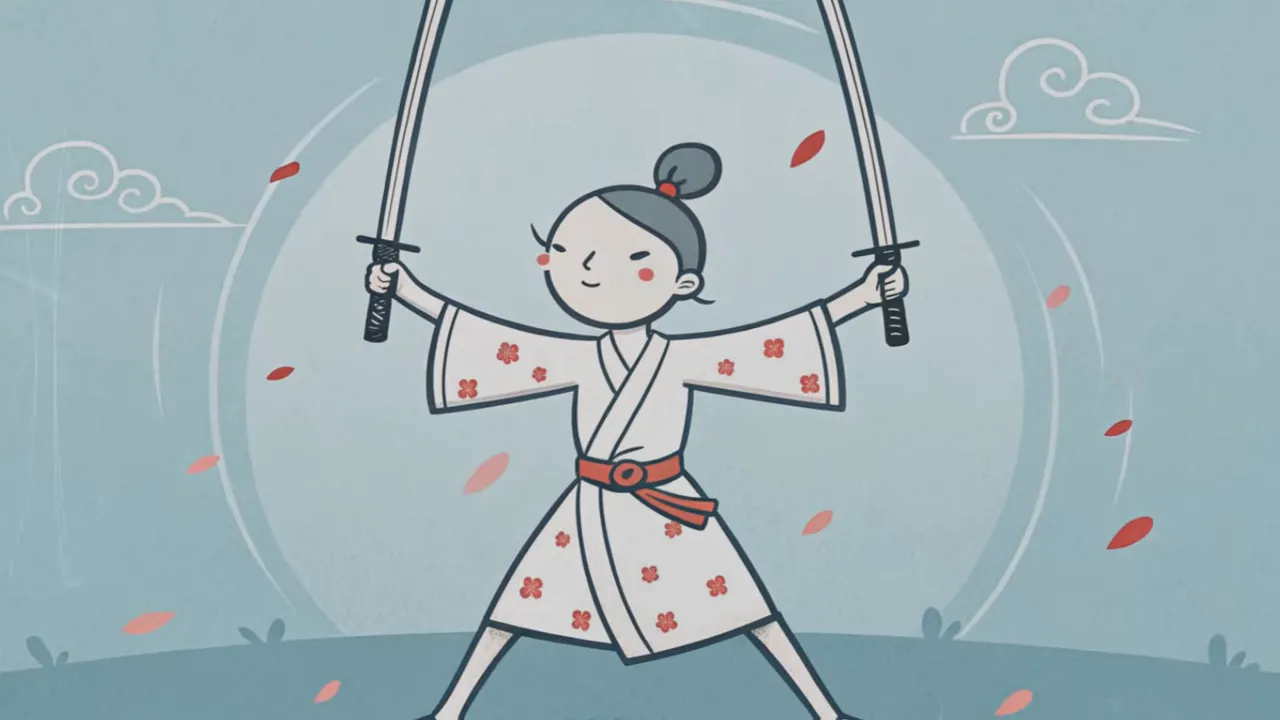 Illustrierte Samurai‑Figur mit zwei erhobenen Schwertern vor ruhigem Hintergrund, klare Darstellung ohne Text