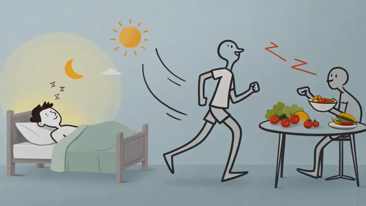 Illustration: Person schläft im Bett, Person joggt, Person isst gesunde Nahrung am Tisch