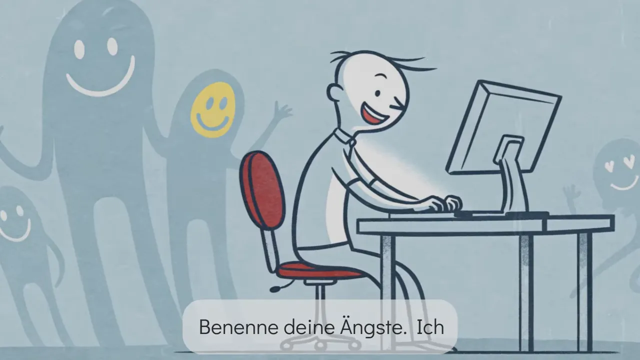 Illustration einer Person am Schreibtisch mit hinter ihr stehenden Schattenfiguren; eingeblendeter Text 'Benenne deine Ängste'.