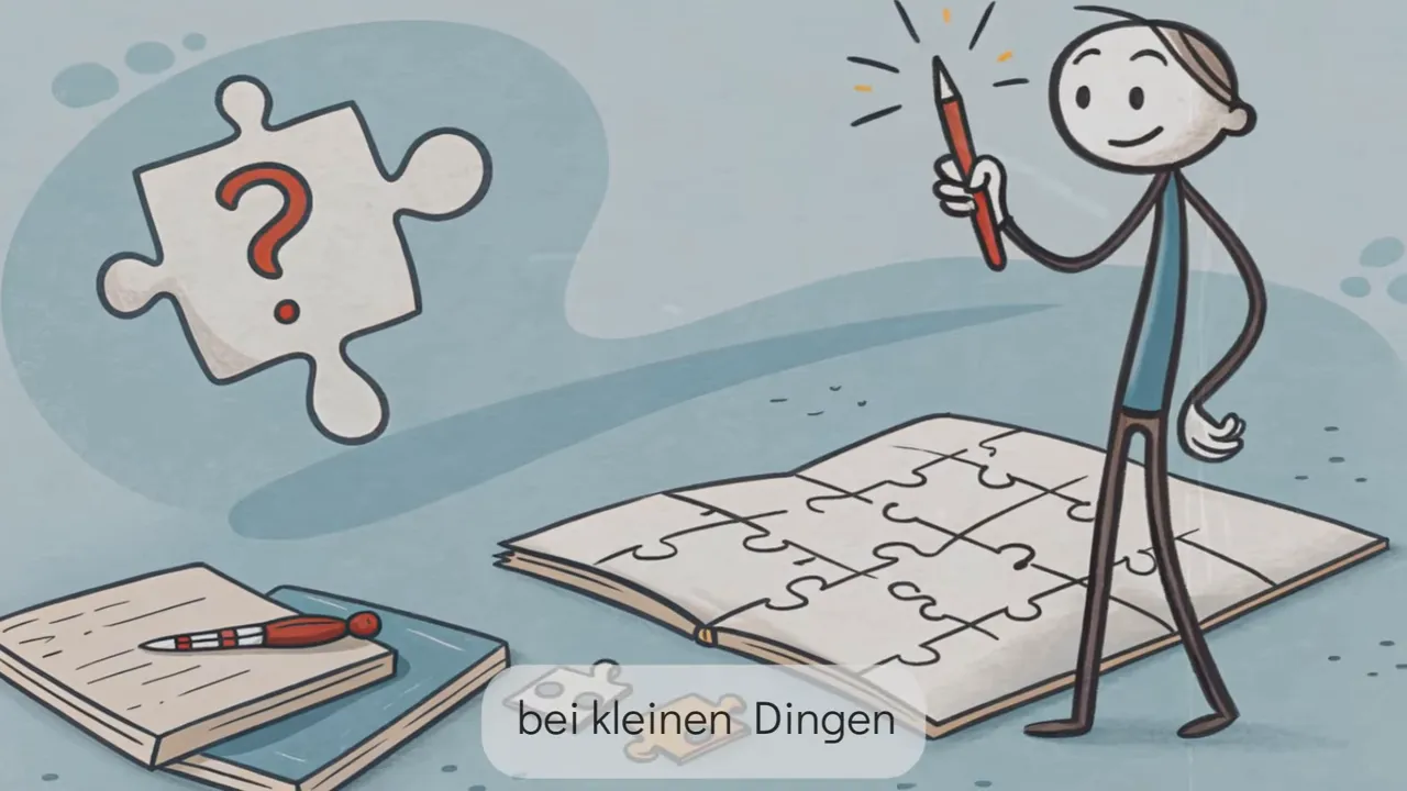 Breite Illustration: Person mit Stift steht vor einem großen Puzzle, links ein einzelnes Puzzleteil mit Fragezeichen; verdeutlicht das Zerlegen von Aufgaben in kleine Schritte.