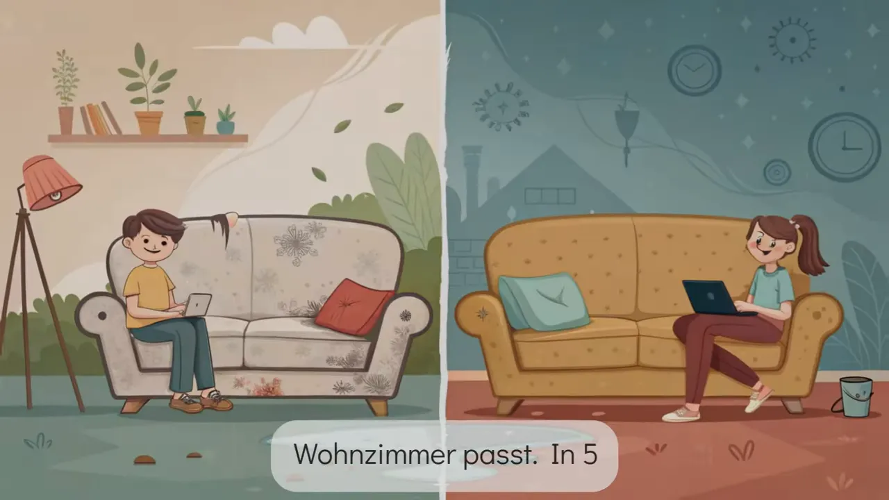 Geteilte Illustration: linkes Sofa durchgesessen und fleckig, rechtes Sofa neu und gepflegt, zwei Personen sitzen jeweils darauf