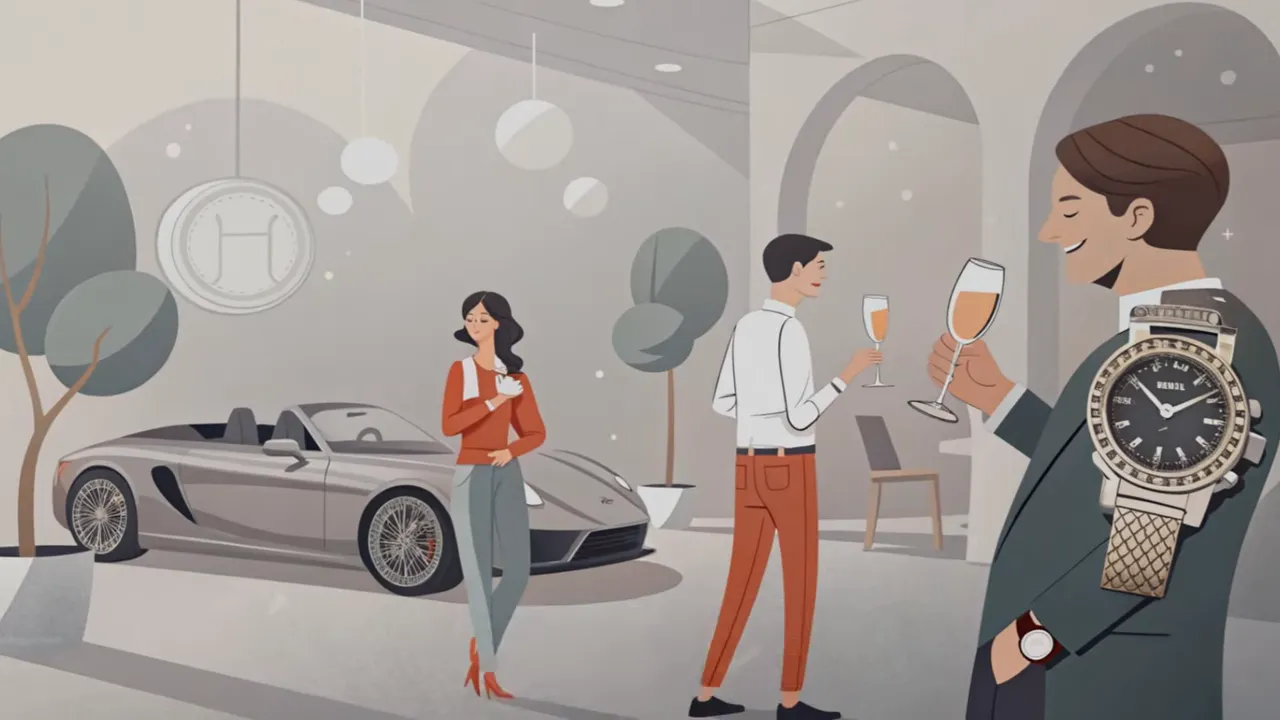 Illustration: Luxus-Cabrio links, zwei G&auml;ste mit Sektgl&auml;sern in der Mitte, dominante Armbanduhr am rechten Bildrand