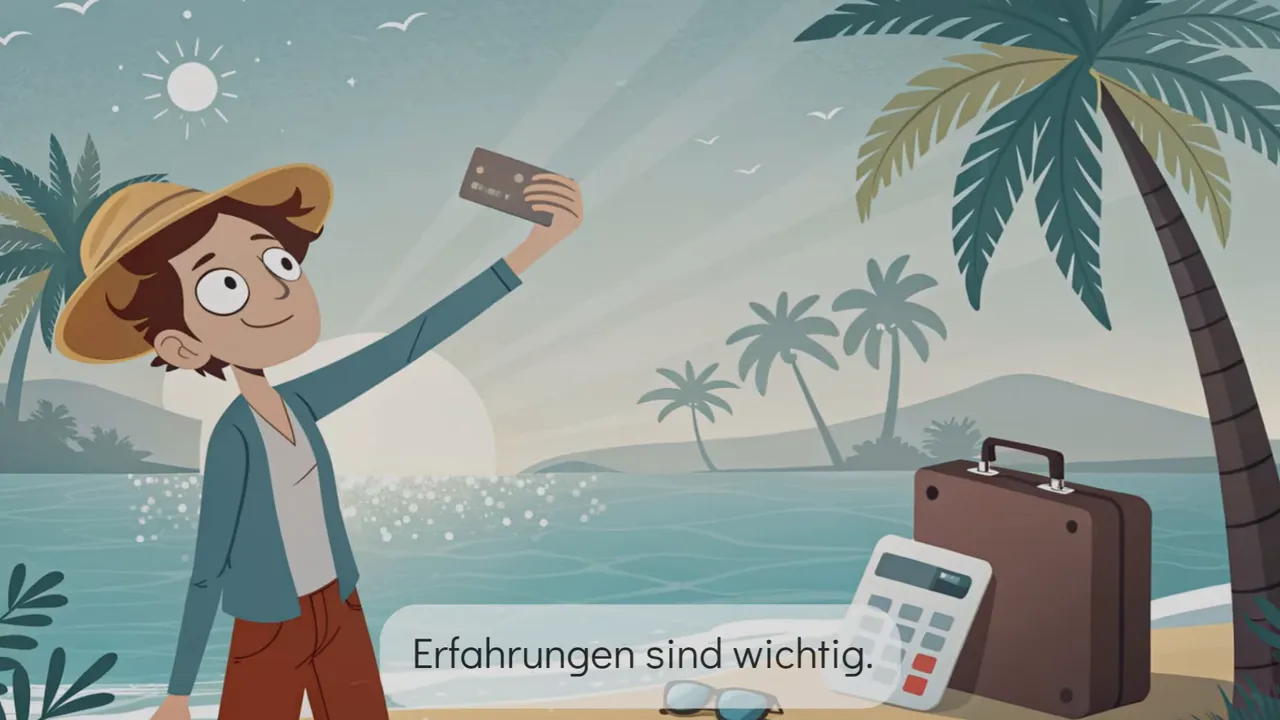 Person h&auml;lt Kreditkarte beim Selfie am Strand; Koffer und Taschenrechner im Sand sichtbar