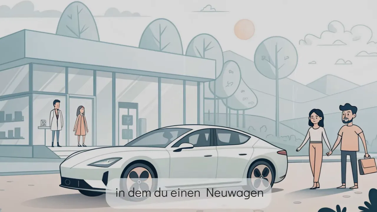 Paar betrachtet einen Neuwagen vor einem Autohaus mit Einblendung zum Neuwagen-Thema