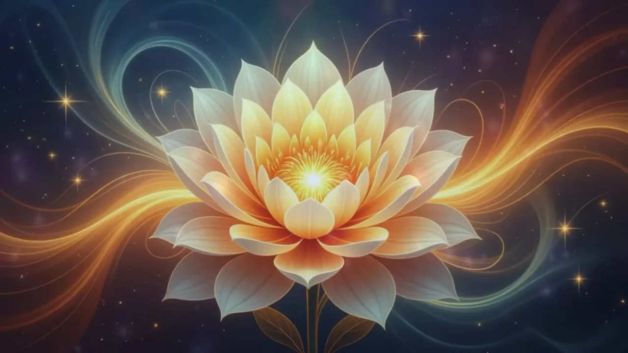 Große, stilisierte Lotusblüte mit strahlendem, goldenem Kern und fließenden Lichtbahnen vor dunklem Sternenhimmel.
