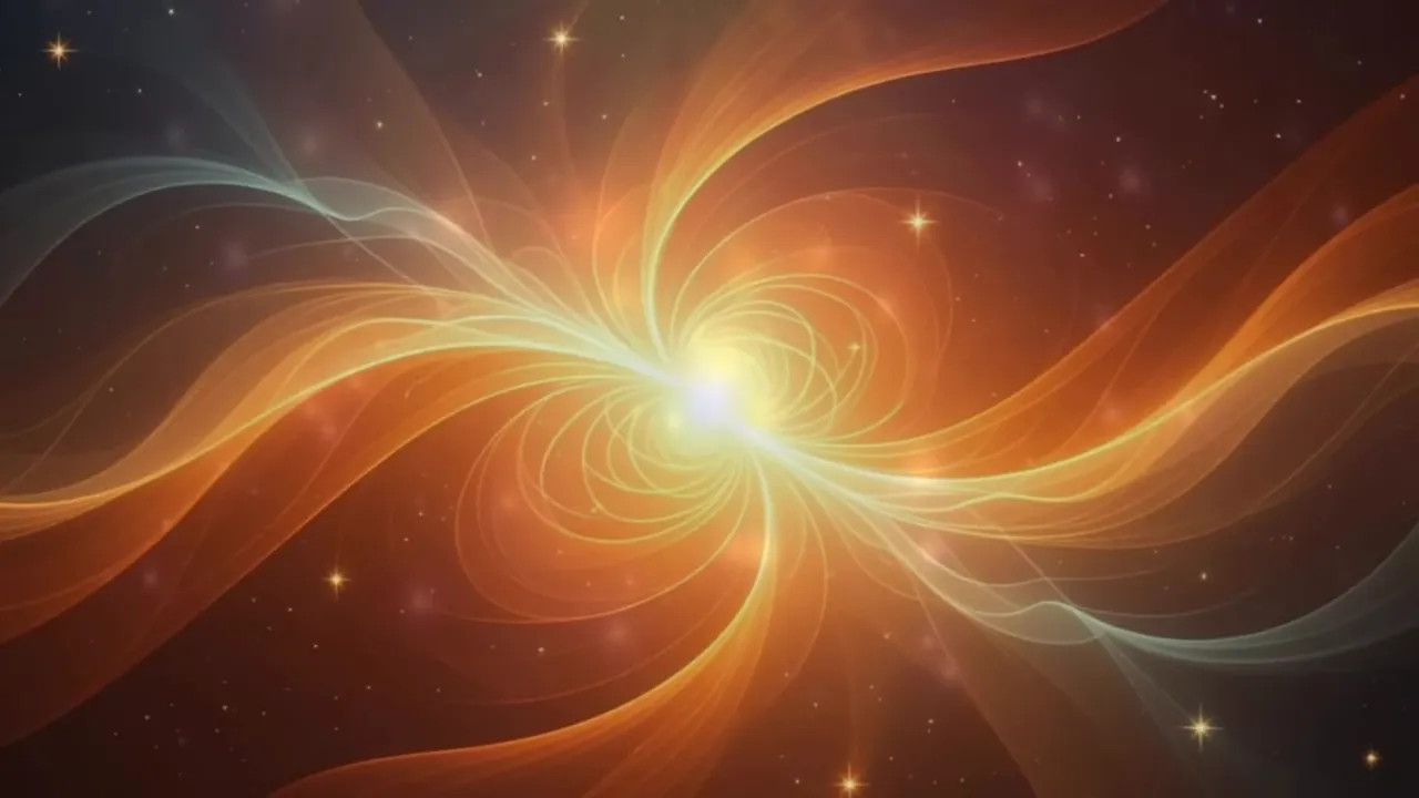 Leuchtendes, spiralförmiges goldenes Licht mit warmen Strömen und Sternen im Hintergrund