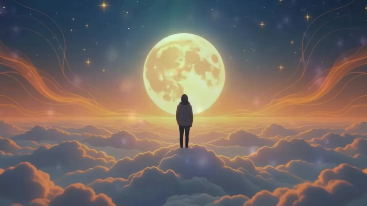 Schwarze Silhouette einer Person auf einer Wolkenebene vor einem großen, leuchtenden Mond