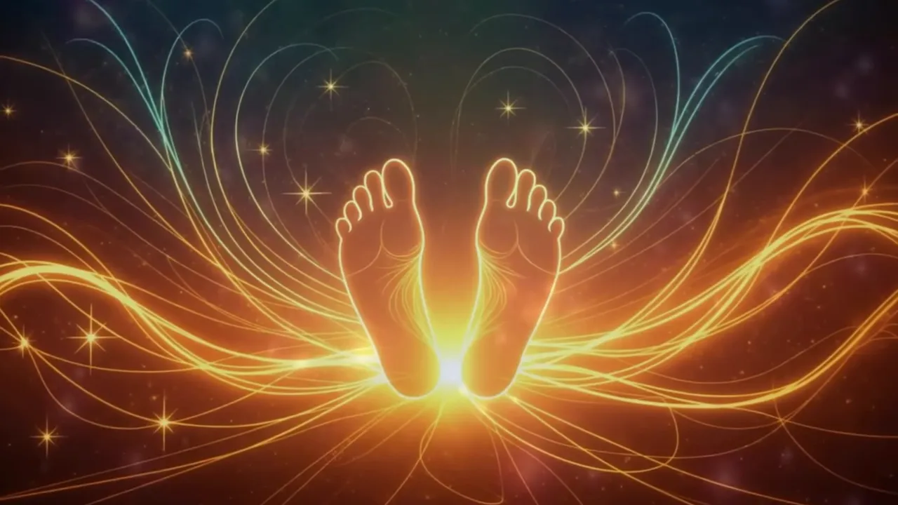 Zwei Füße über einem strahlenden, goldenen Lichtzentrum mit fließenden Energielinien
