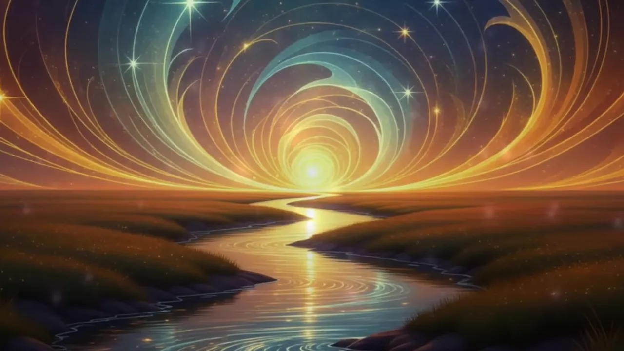 Wendender Bach unter leuchtendem Spiralhimmel, glitzerndes Wasser und Ufer