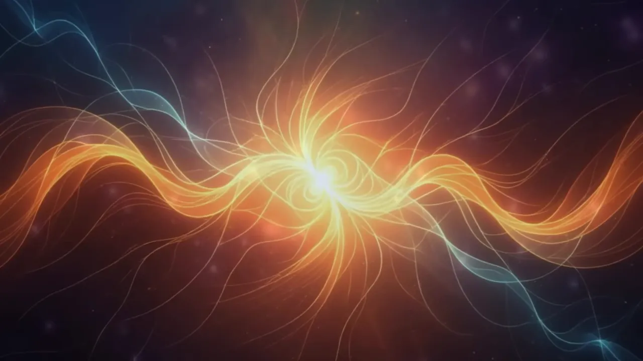 Klares Bild einer spiralförmigen, gold-blauen Lichtstruktur, ruhig und detailreich